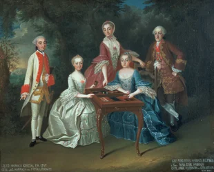 Portrait de groupe de la famille Harrach jouant au backgammon, y compris le général comte Ferdinand Harrach, le comte Ferdinand Bonaventura Harrach avec Rosa, Anna et Josephine